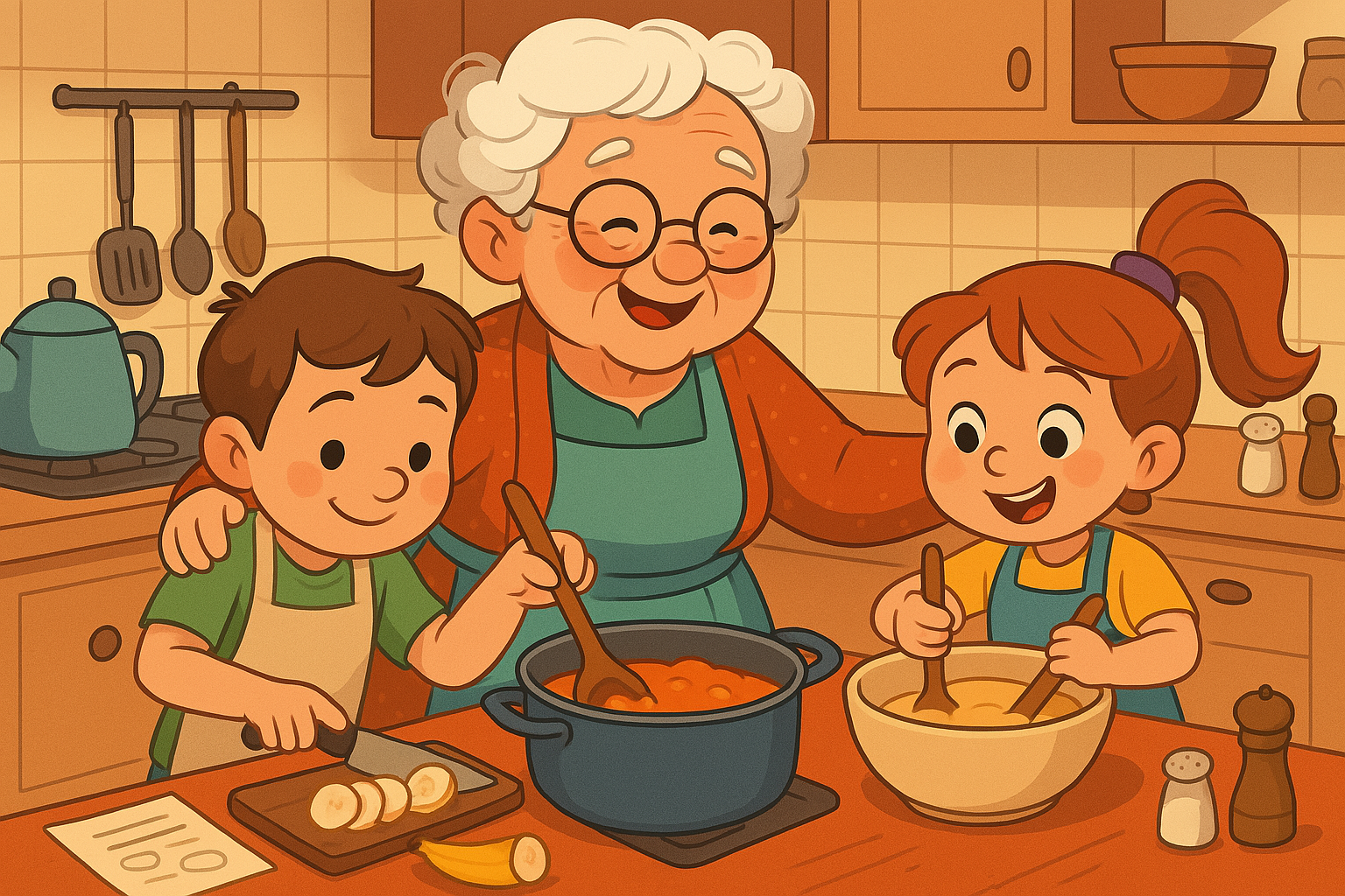 cozinhar com crianças Avó ensinando os netos a cozinhar com segurança – cozinhar com crianças