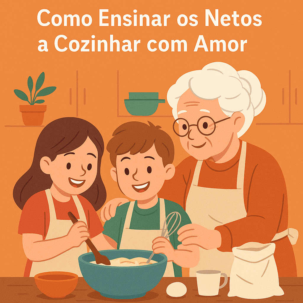 Ilustração cartunesca de uma avó cozinhando com seus netos em uma cozinha alegre, representando o tema “cozinhar com os netos” com afeto e diversão.