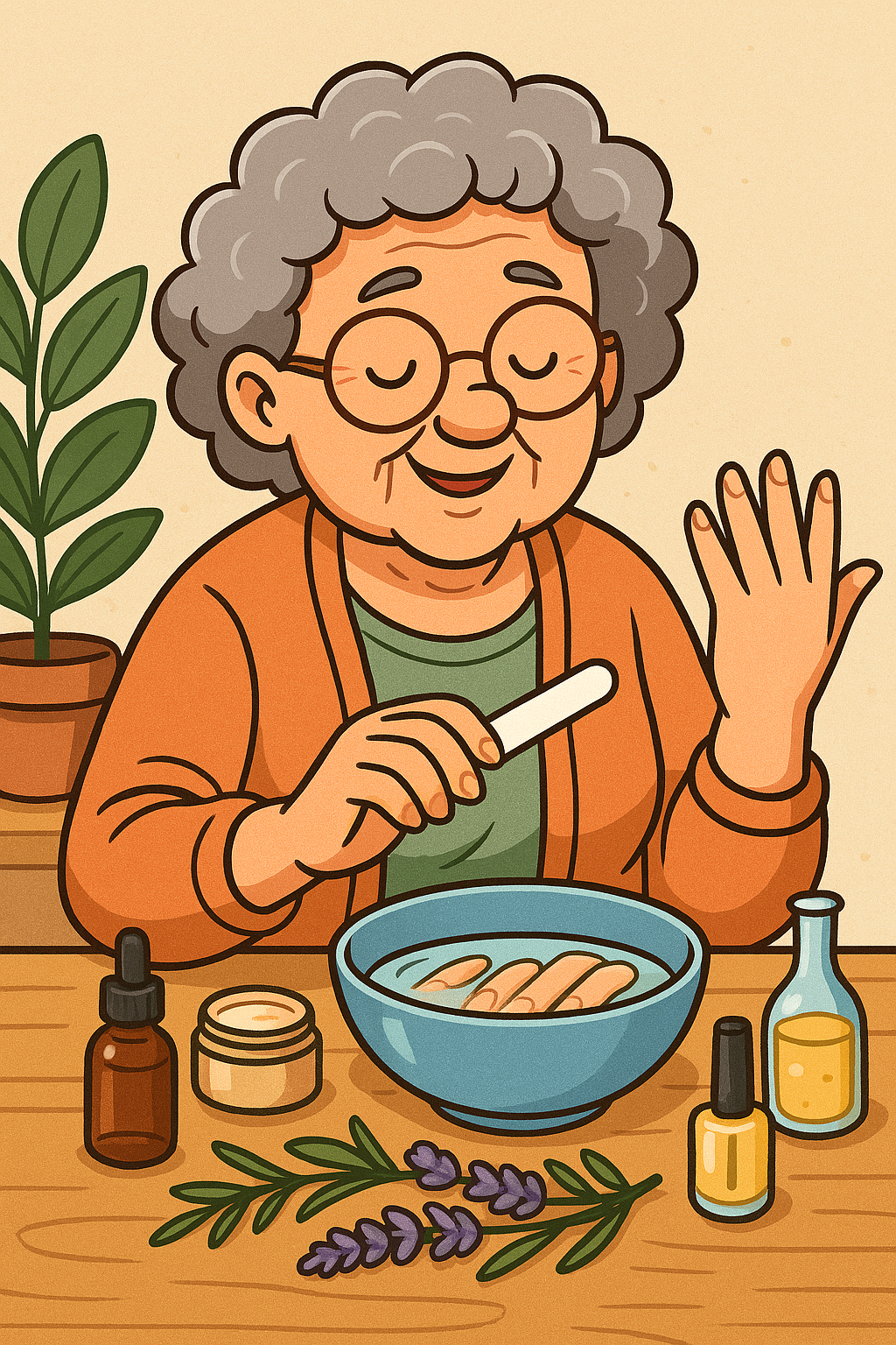 cuidado com unhas naturais Avó carismática ensinando cuidados com unhas naturais, usando ingredientes como limão, óleo de amêndoas e alecrim