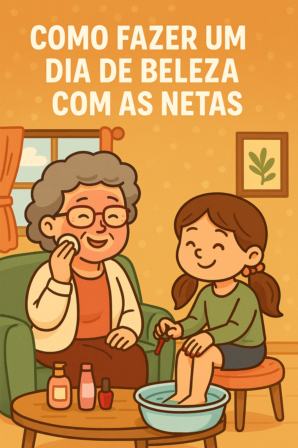 dia de beleza em família dia de beleza em família com avó e netas sorrindo, rodeadas por produtos de cuidados pessoai