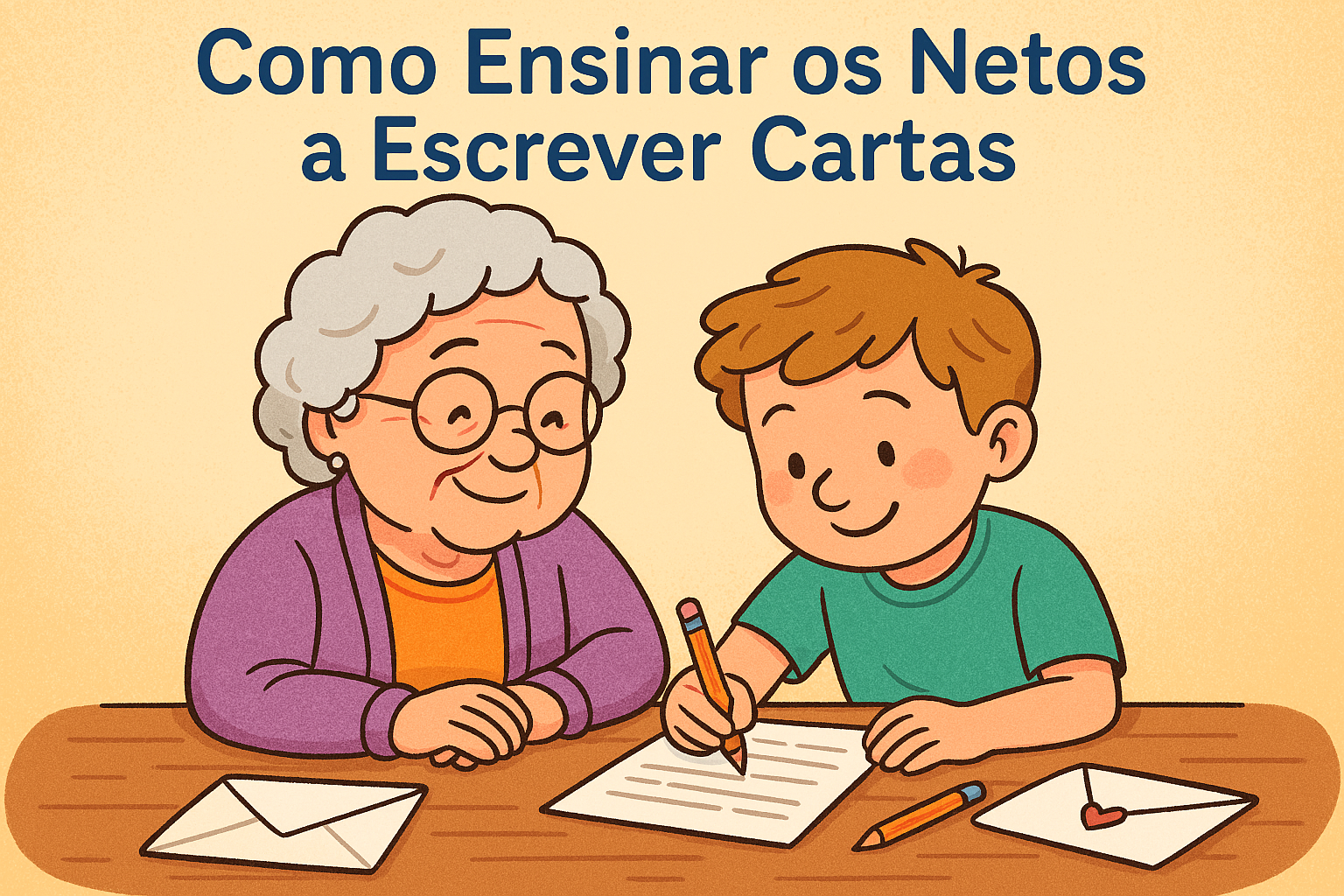 uma avó e seu neto escrevendo juntos, representando o tema “escrever cartas com crianças” com afeto e criatividade.