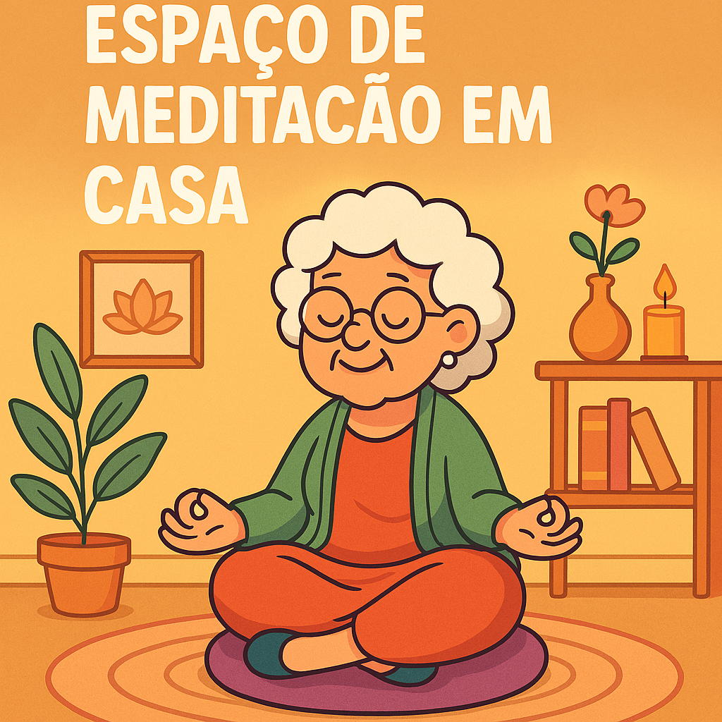 espaço de meditação avó meditando em um espaço acolhedor dentro de casa, com o título “Como Criar um Espaço de Meditação em Casa