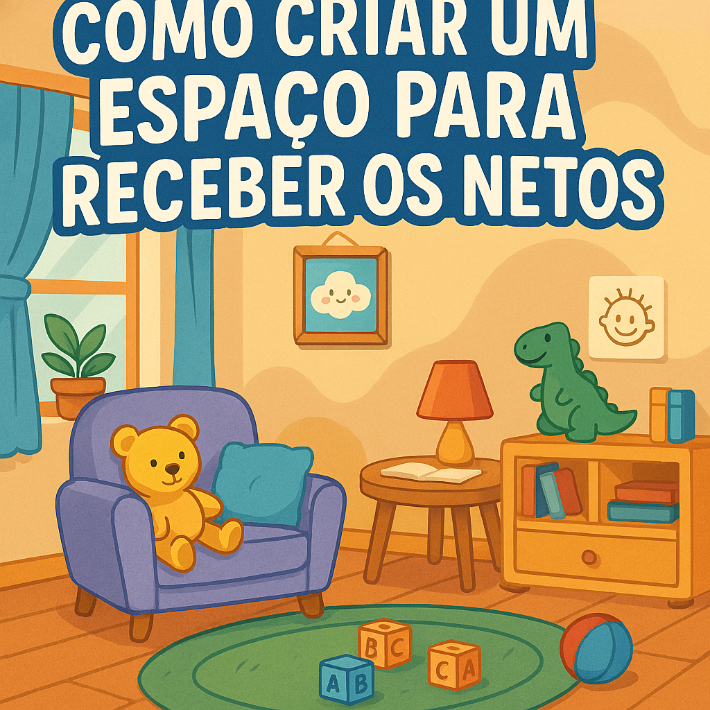espaço para netos com brinquedos, livros e decoração acolhedora, acompanhada do título “Como Criar um Espaço para Receber os Netos”.