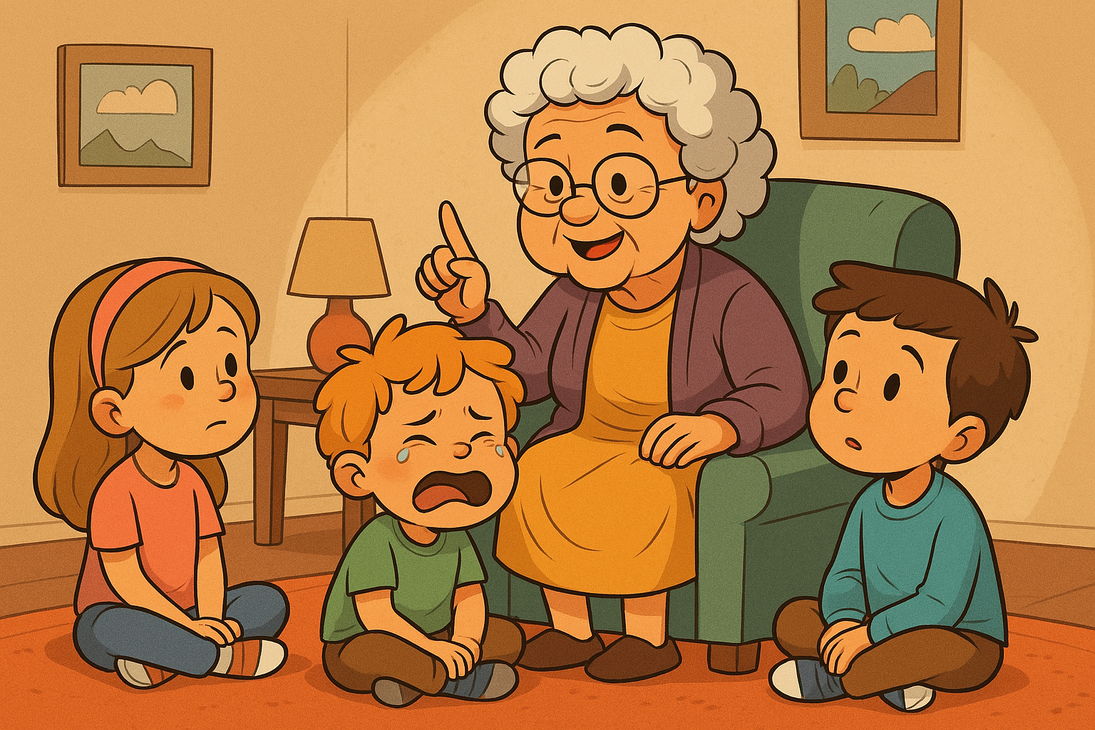 Avó sábia e carismática compartilha histórias com neto sobre superação de frustrações, em ambiente aconchegante — tema central: frustração infantil.