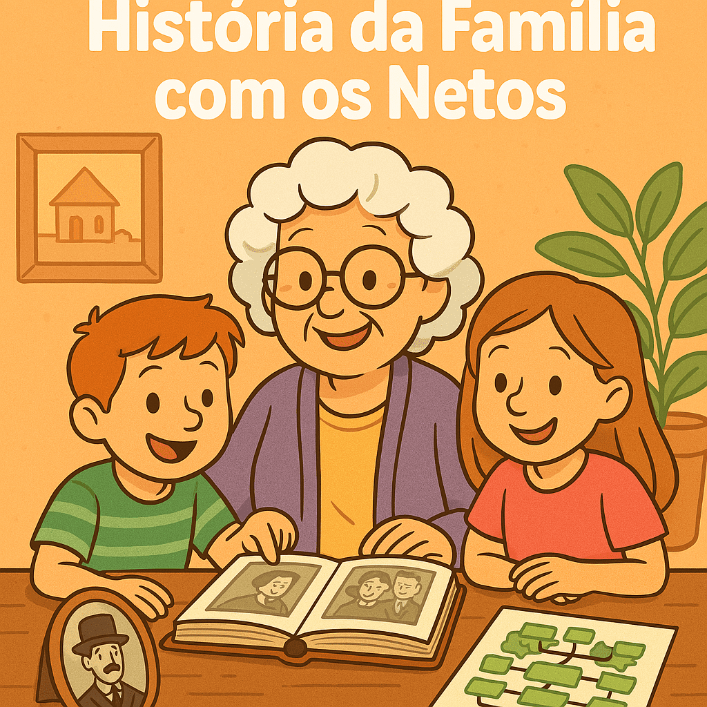 avó sorridente com seus netos explorando a história da família através de fotos antigas e uma árvore genealógica desenhada à mão, com o título “Como Estudar História da Família com os Netos” escrito na parte superior.