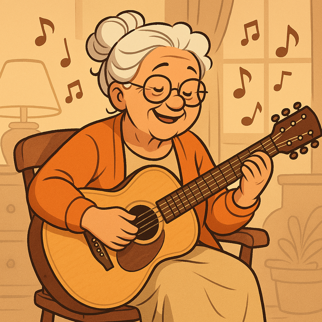 “Ilustração estilo cartoon de uma senhora idosa feliz tocando acorde F no violão, cercada por notas musicais, representando o conceito de instrumento musical terceira idade.