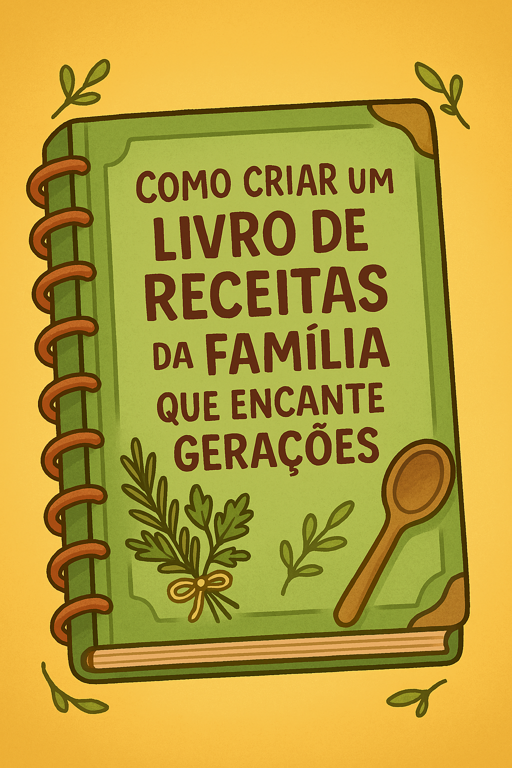 livro de receitas personalizado com o título “Como Criar um Livro de Receitas da Família que Encante Gerações” na capa, cercado por utensílios de cozinha e elementos familiares.