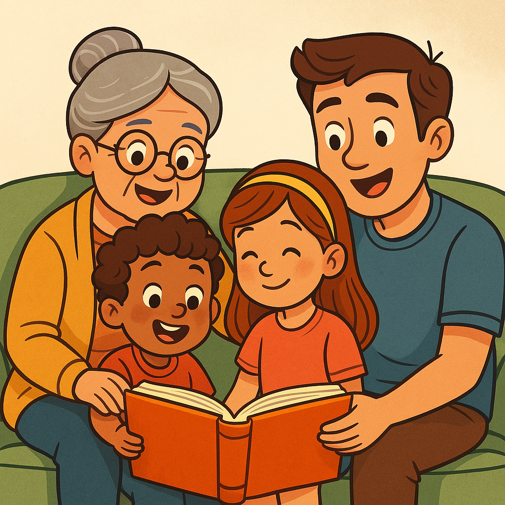leitura em família Ilustração cartunesca mostrando uma família reunida em um ambiente aconchegante, lendo livros juntos. Pais e filhos compartilham histórias com alegria e atenção, destacando o valor da leitura em família