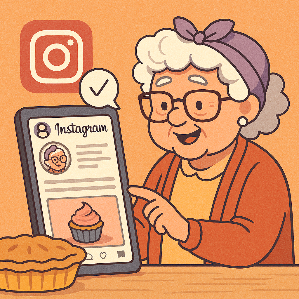 omo Criar um Perfil no Instagram para Compartilhar Receitas Ilustração cartunesca de uma avó sorridente segurando um smartphone com o Instagram aberto, cercada por bolos, tortas e sopas numa cozinha acolhedora – representação visual do tema