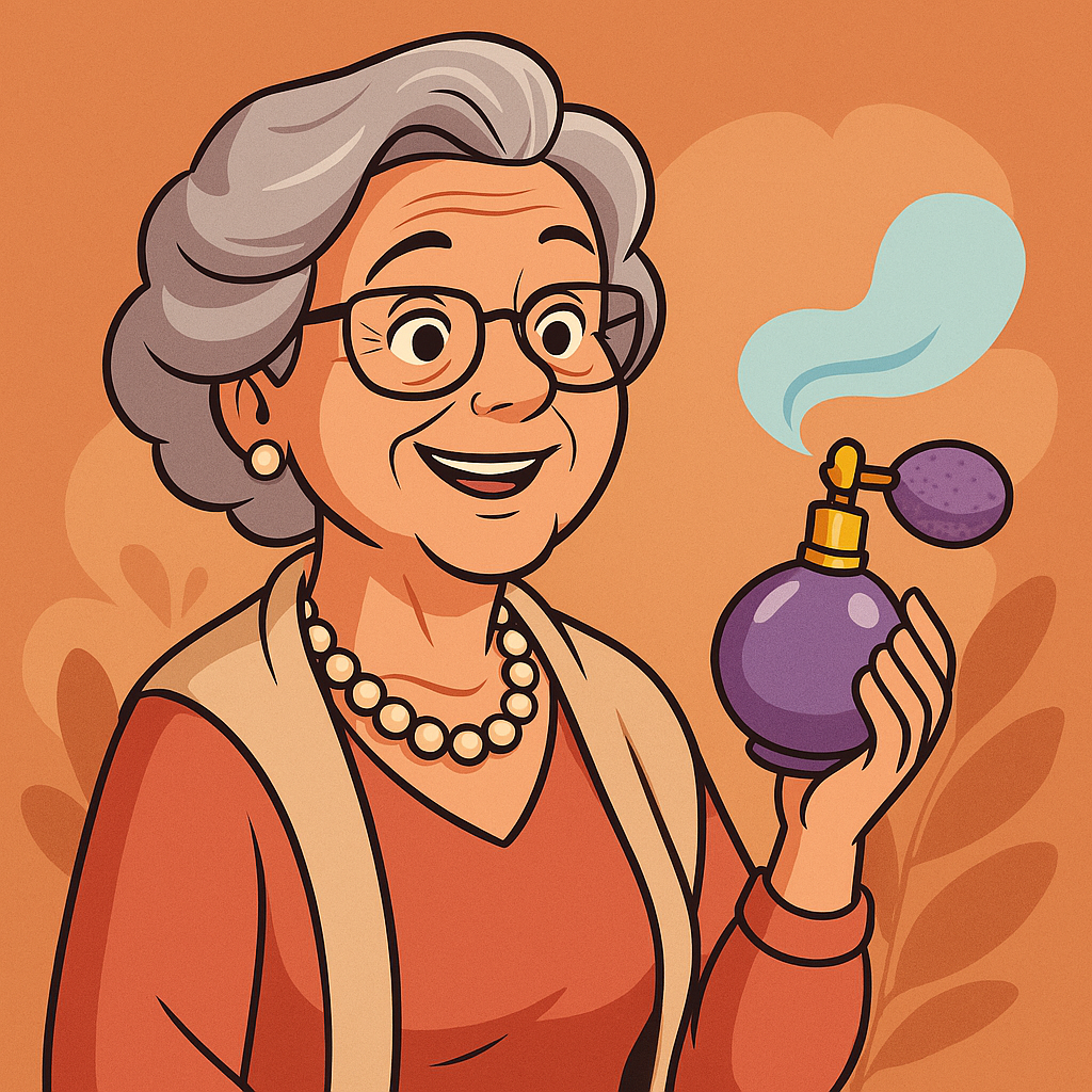 Ilustração de perfumes para mulheres maduras, com frascos elegantes, flores e uma mulher confiante apreciando sua fragrância.