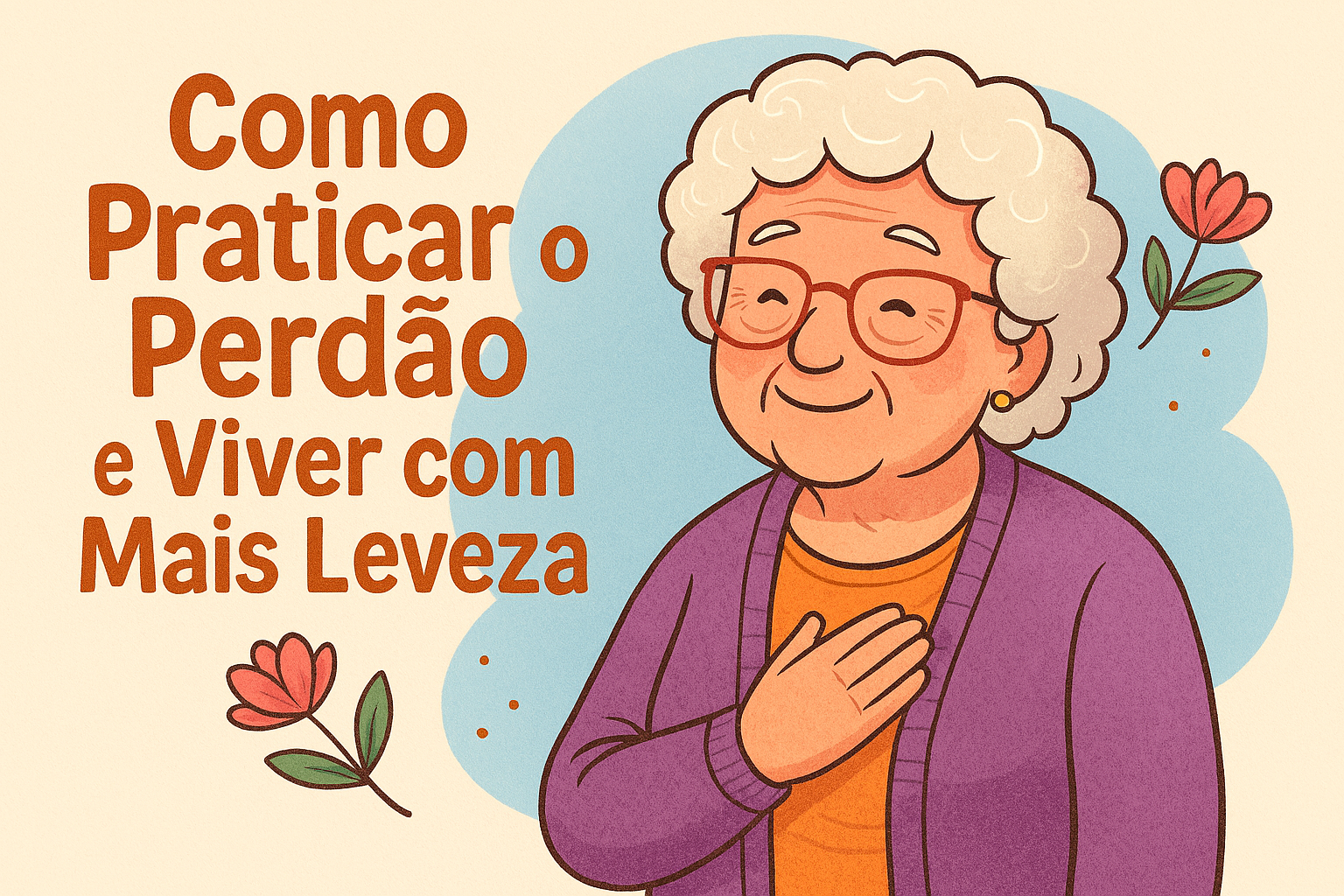 praticar o perdão uma avó sorridente com um coração e uma pomba, simbolizando como praticar o perdão e viver com mais leveza.