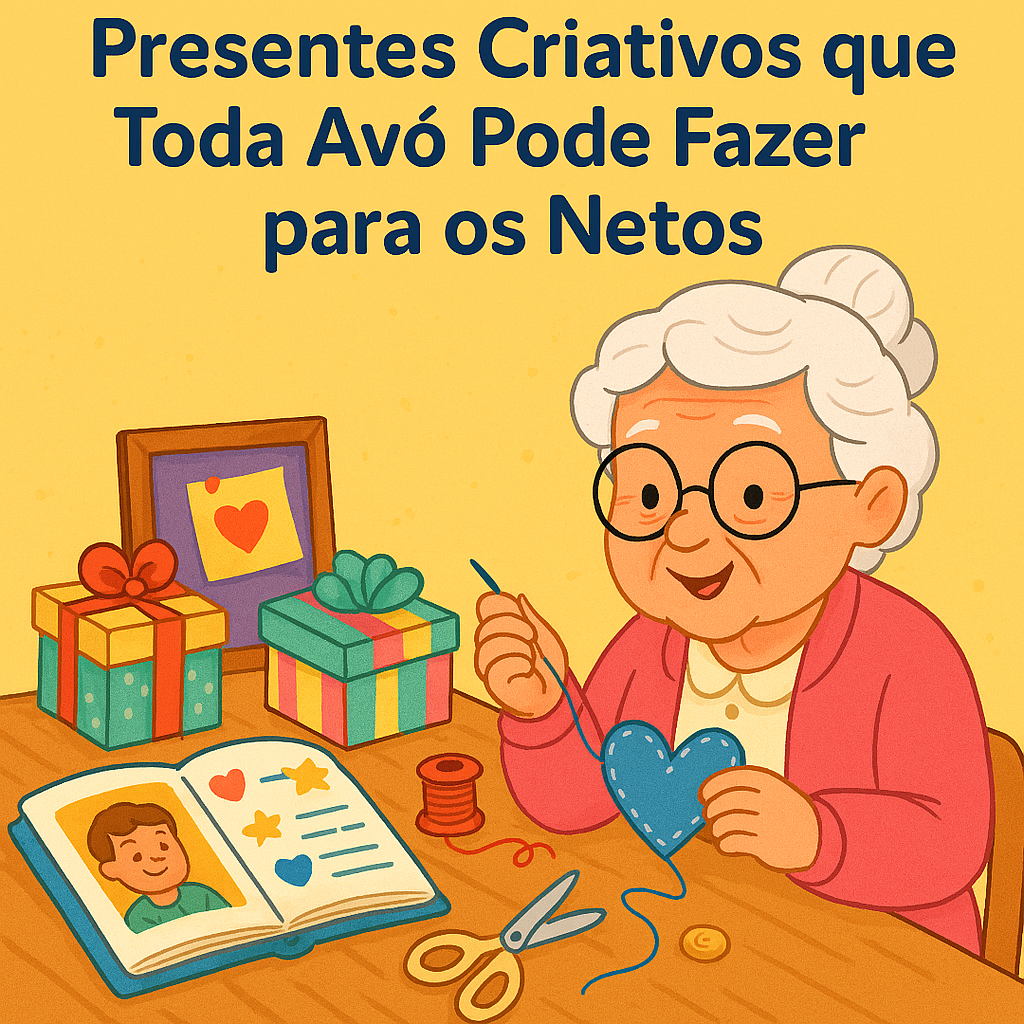 presentes para netos avó sorridente criando presentes para netos com materiais artesanais, acompanhada do título “Presentes Criativos que Toda Avó Pode Fazer para os Netos com Amor e Carinho” escrito em português, destacando a palavra-chave presentes para netos.